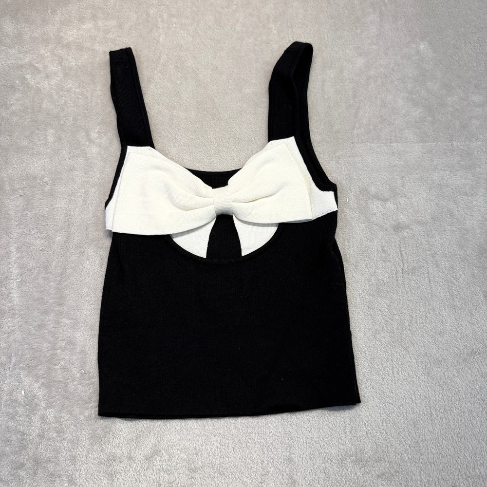 Maeve Anthropologie Vest Women XXS Knit Tank Top Black Ivory Bow Back Sleeveless - Picture 4 of 7